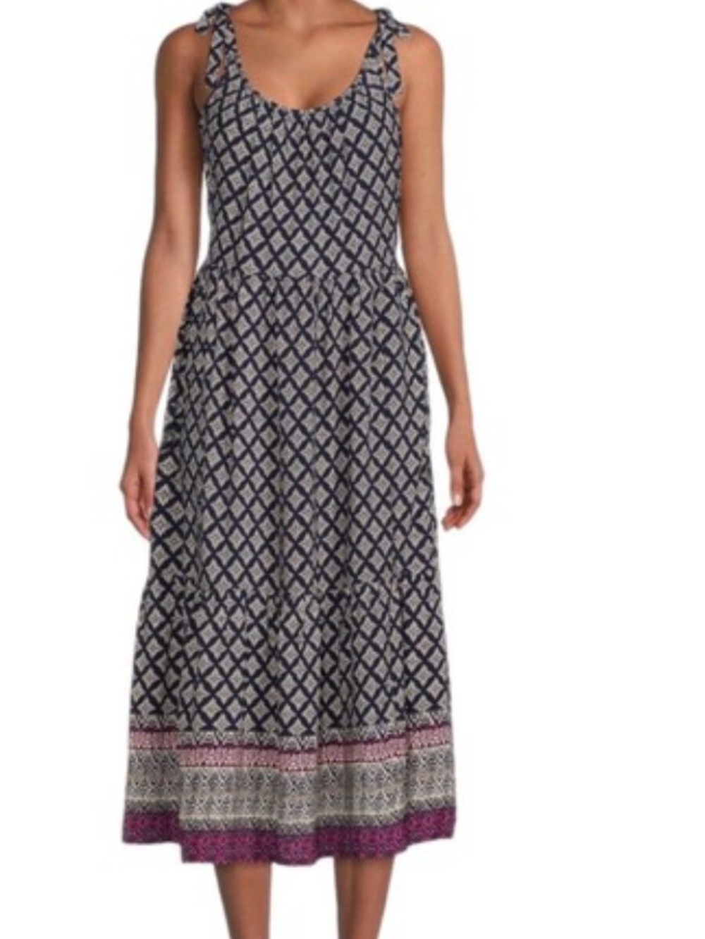Beach Lunch Lounge Dress viscose Shoulder Tie Fit Flare Geometric Navy size M